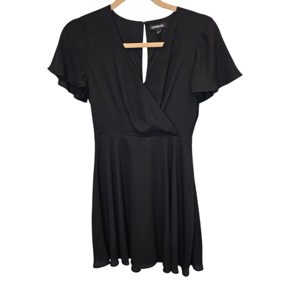 Express Women's 0 Black Surplice Flutter Sleeve Fit & Flare Mini Dress - Picture 1 of 16